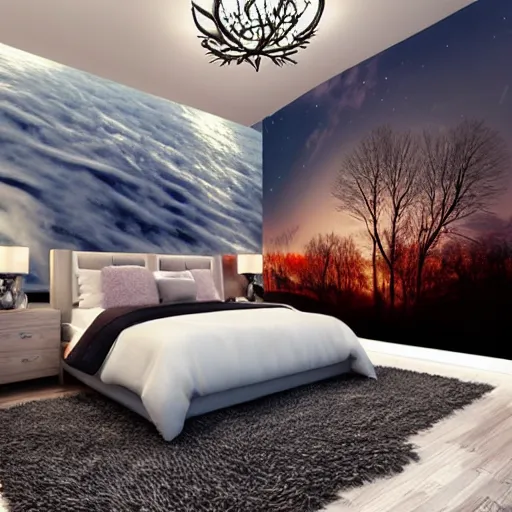 Image similar to a cozy bedroom interior with wall murals painted by a genius, detailed, high resolution, wow!, intricate, volumetric lighting, raytracing