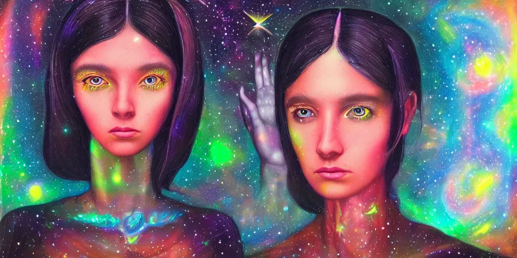 Image similar to patron saint of 🛸🌈👩🏾, futuristic iridescent clothing, wormhole, nebula, black hole, aries constellation, multiverse, neon god of city character portrait, in the style of margaret keane, moebius, tom bagshaw, and waterhouse, cinematic lighting, beautiful, elegant, oil painting,