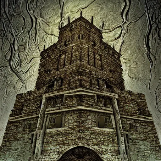 Prompt: a medieval fortress in the style of h.r. giger, digital art