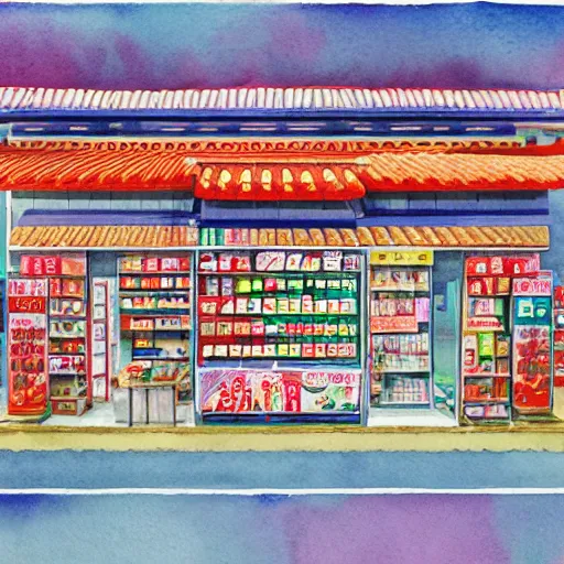 Image similar to japanese convenience store by me kyeoung lee, watercolor,