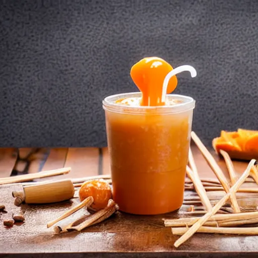 Prompt: thai tea boba on a rustic table with white background hd photograph