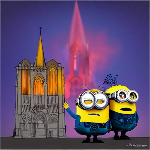 Image similar to “minions laughing as the Notre dame burns behind them, 4k, digital art, award winning”