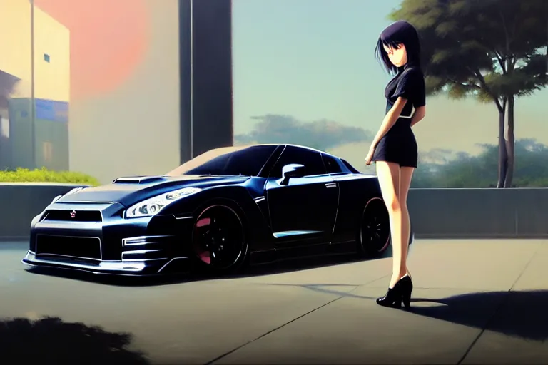 Image similar to A ultradetailed beautiful panting of a stylish girl standing in front of a Nissan GTR, Oil painting, by Ilya Kuvshinov, Greg Rutkowski and Makoto Shinkai