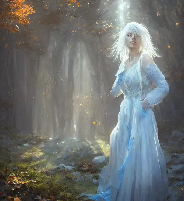 Prompt: portrait of a white haired woman wearing a dress of blue glass, autumn leaves falling, dramatic volumetric lighting, god rays, global illumination, soft, sharp focus, sci-fi, ivy, moss, trending on artstation, intricate concept art by Greg Rutkowski and Mel Milton