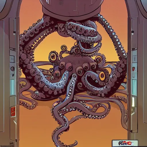 Image similar to robotic Octopus in an airlock, Industrial Scifi, detailed illustration, character portrait, by Martin Grip and Moebius