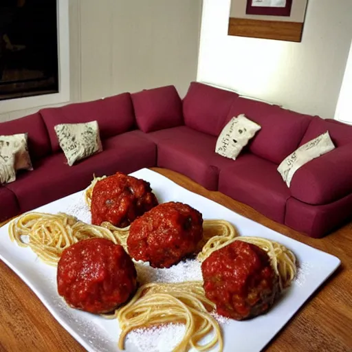 Image similar to spaghetti and meatballs shaped into a living room set