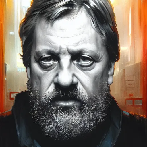 Prompt: slavoj zizek, hyperrealistic portrait, bladerunner street, art of elysium by jeremy mann and alphonse mucha, fantasy art, photo realistic, dynamic lighting, artstation, poster, volumetric lighting, very detailed face, 4 k, award winning