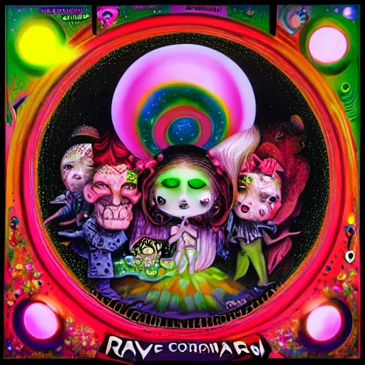 Prompt: rave cd compilation, by mark ryden, hd, hyper detailed, 4 k