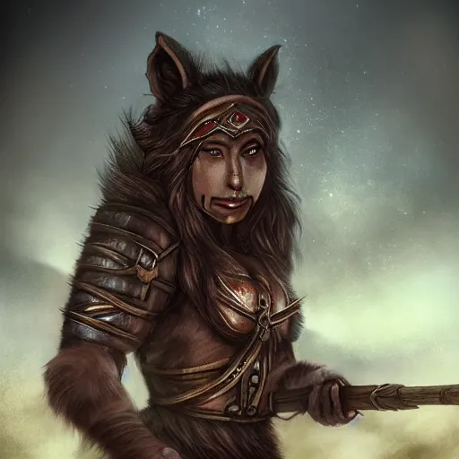 Image similar to A photo of a female Alf warrior, fantasy art, clean digital art, clean background, D&D art style, dark feeling, chill feeling