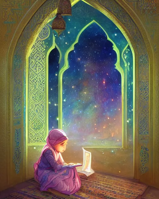 Image similar to bedouin child reading the quran inside of the mosque in the galaxy surrounded by nebula, highly detailed, gold filigree, romantic storybook fantasy, soft cinematic lighting, award, disney concept art watercolor illustration by mandy jurgens and alphonse mucha and alena aenami, pastel color palette, featured on artstation