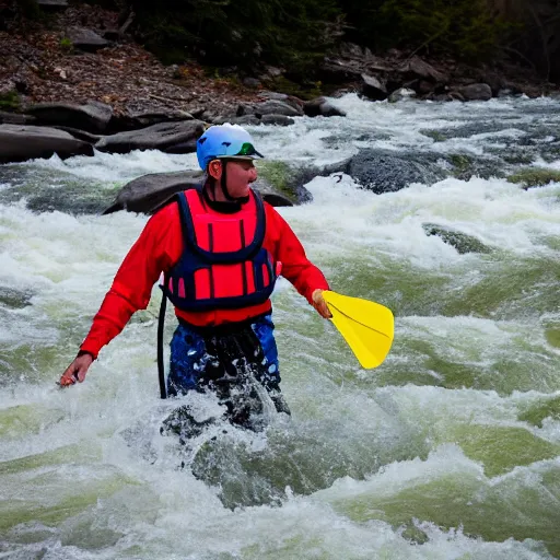 Prompt: A whitewater river guide wearing a brightly colored PFD stands on the side of the Salmon river, assessing a rapid. 24mm f/2.8 8k photography