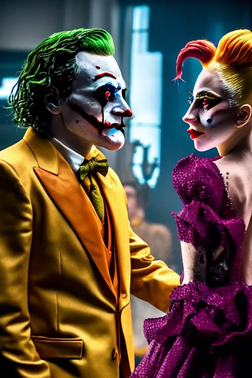 Prompt: joaquin phoenix joker with harley queen lady gaga, photorealistic, smooth, 4 k, aesthetic lighting, baroque object, sharp focus, hyperdetailed, professional photography, pullitzer winning, 8 0 0 photo by : canon eos 5 d mark iv, by karah mew and adnan abidi and jodie bateman