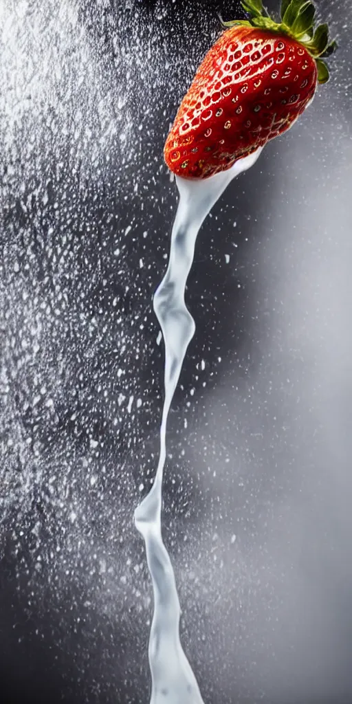 Prompt: a close up photo of milk pouring over a strawberry, macro, highly detailed, blurred background, studio lighting,