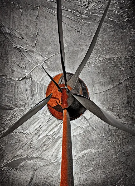 Image similar to cinematic artwork close up of a broken and rusted wind turbine standing alone in a dried up ocean, digital art