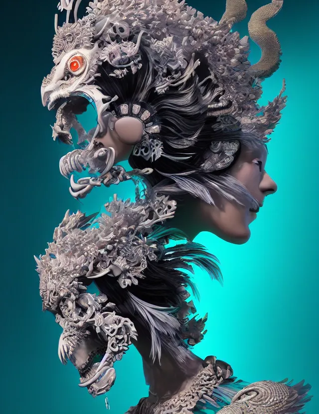 Image similar to 3 d goddess close - up profile portrait biomechanics with ram skull. beautiful intricately detailed japanese crow kitsune mask and clasical japanese kimono. betta fish, jellyfish phoenix, bio luminescent, plasma, ice, water, wind, creature, artwork by tooth wu and wlop and beeple and greg rutkowski