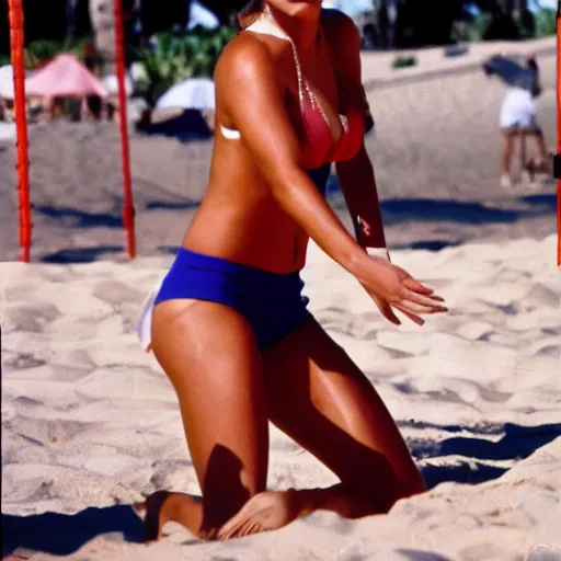 Prompt: young sofia vergara playing beach volleyball, sports illustrated, 4k photo,