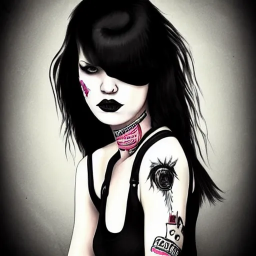 Prompt: amazing portrait in punk style, girl, black long hair, smooth face, perfect eyes