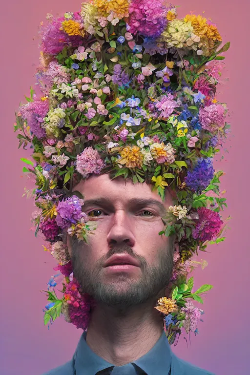 Prompt: a digital painting of a man with flowers in his head by Mike Winkelmann, cgsociety contest winner, digital art, made of flowers, digital painting, photoillustration