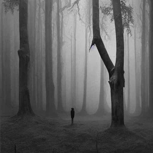 Prompt: deep in a dark and mysterious forest, loneliness, great space, byzdzisław beksinski, 4 k