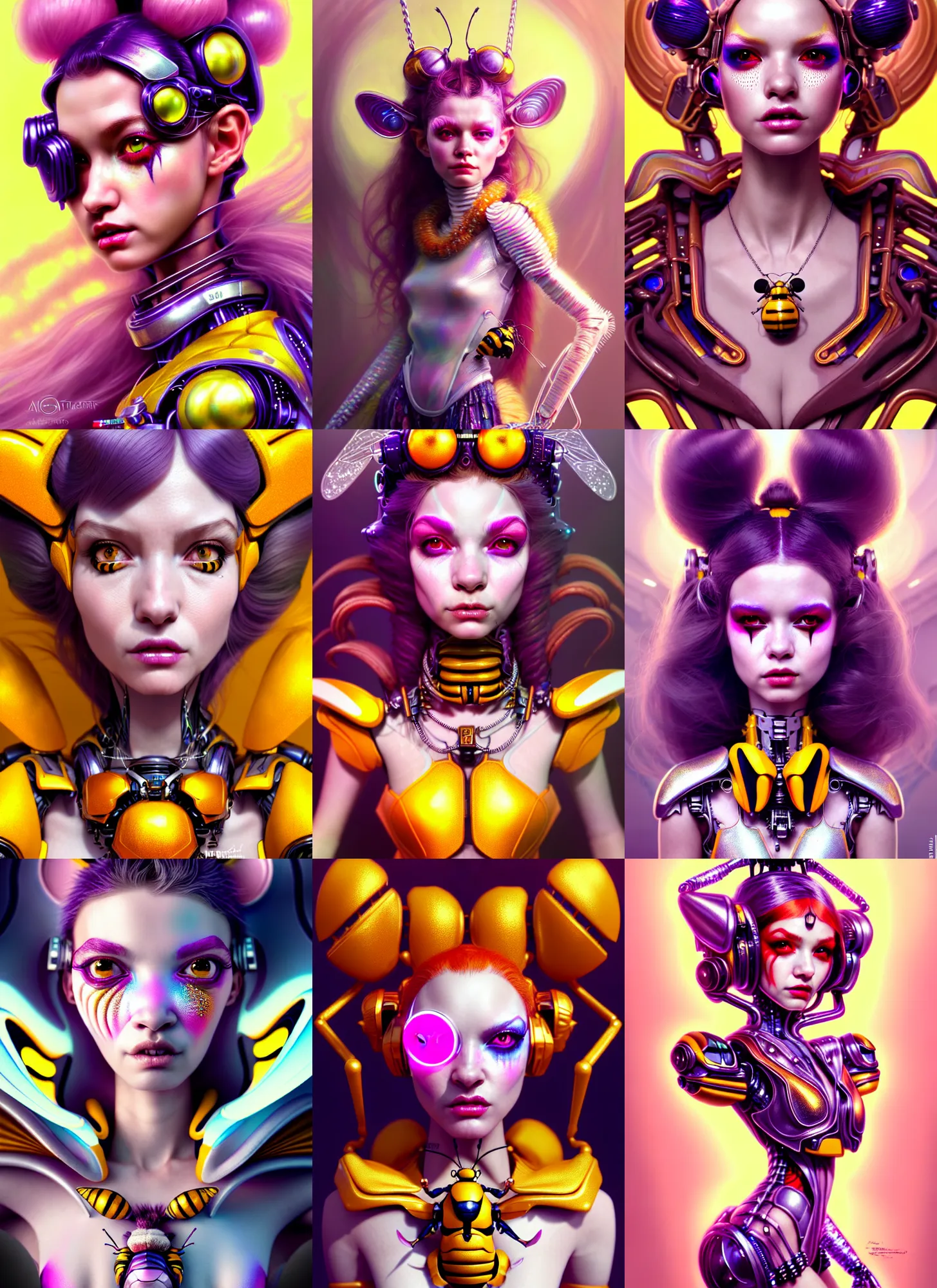 Image similar to disney weta portrait, soft lustrous biotech raver white clowncore bumblebee chain cyborg, hi - fructose, sci - fi fantasy cyberpunk intricate decadent highly - detailed digital painting, ever after high, octane render, artstation, concept art, smooth, sharp focus, illustration, art by artgerm, mucha, loish, wlop