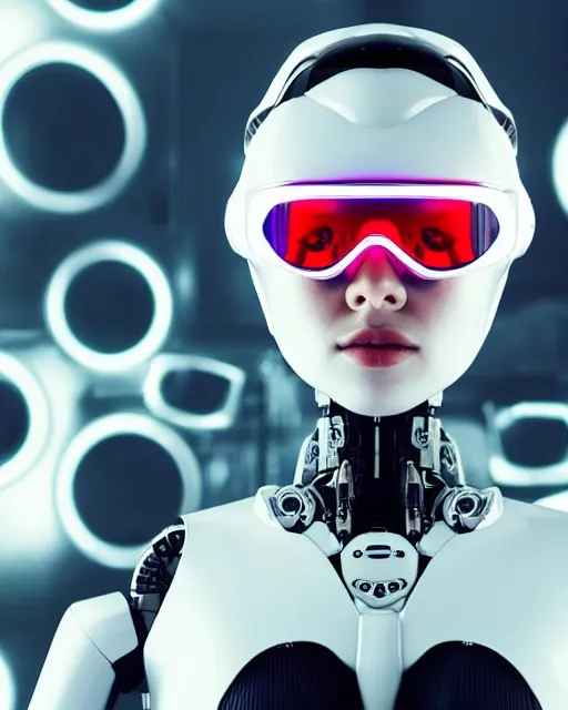 Prompt: centered portrait photo of flirtatious young lorena herrera as a solarpunk mecha humanoid robotic parts wearing goggles with bright lights, real human face, pudica pose, inside white room, ultra - realistic and detailed, 8 k