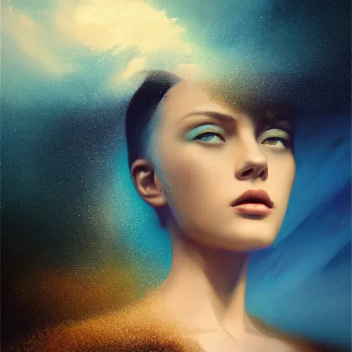 Prompt: 3 d, sci - fi, close - up, night, moon rays, fashion model face, cinematic, clouds, vogue cover style, blue mood, realistic painting, intricate oil painting, high detail illustration, figurative art, multiple exposure, poster art, 3 d, by tooth wu and wlop and beeple and greg rutkowski