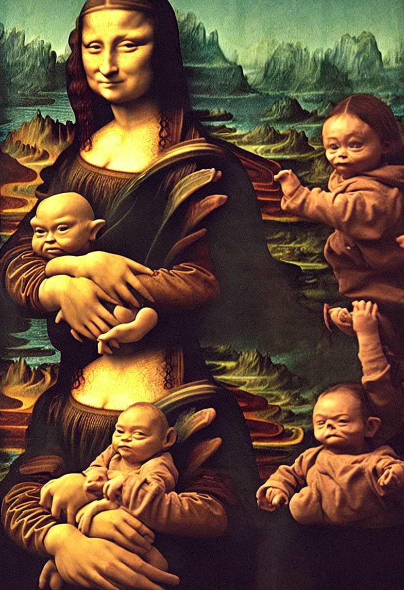 Image similar to the Mona Lisa holding Baby Yoda