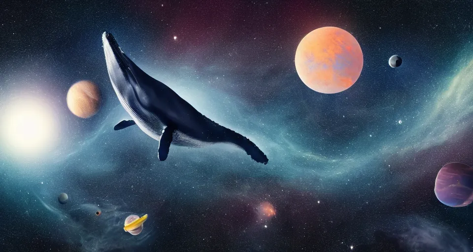 Image similar to high quality photo of big whale floating in dark beautiful space filled with stars, planets and galaxies, photorealism, 8k, extremely detailed