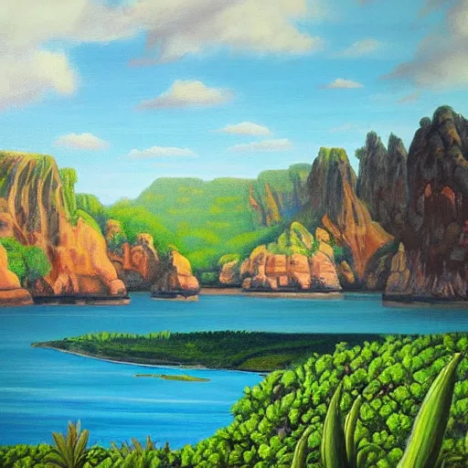 Image similar to acrylic painting of a lush natural scene on an alien planet by wim van de wege. beautiful landscape. weird vegetation. cliffs and water.