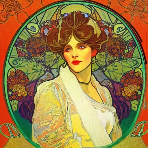 Image similar to bright, proud portrait of pagan queen libuse from slavic tales by alfons mucha