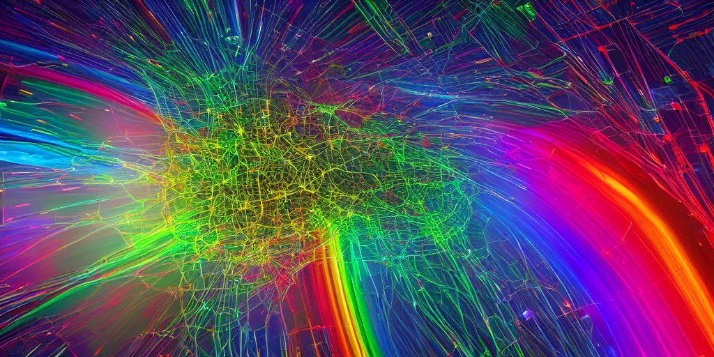 Image similar to A seamless 3D HDRI image of a rainbow colorspace of finely detailed interconnected circuitry showing the thought process of AI, insanely detailed, sci-fi, unreal engine 8K, futuristic