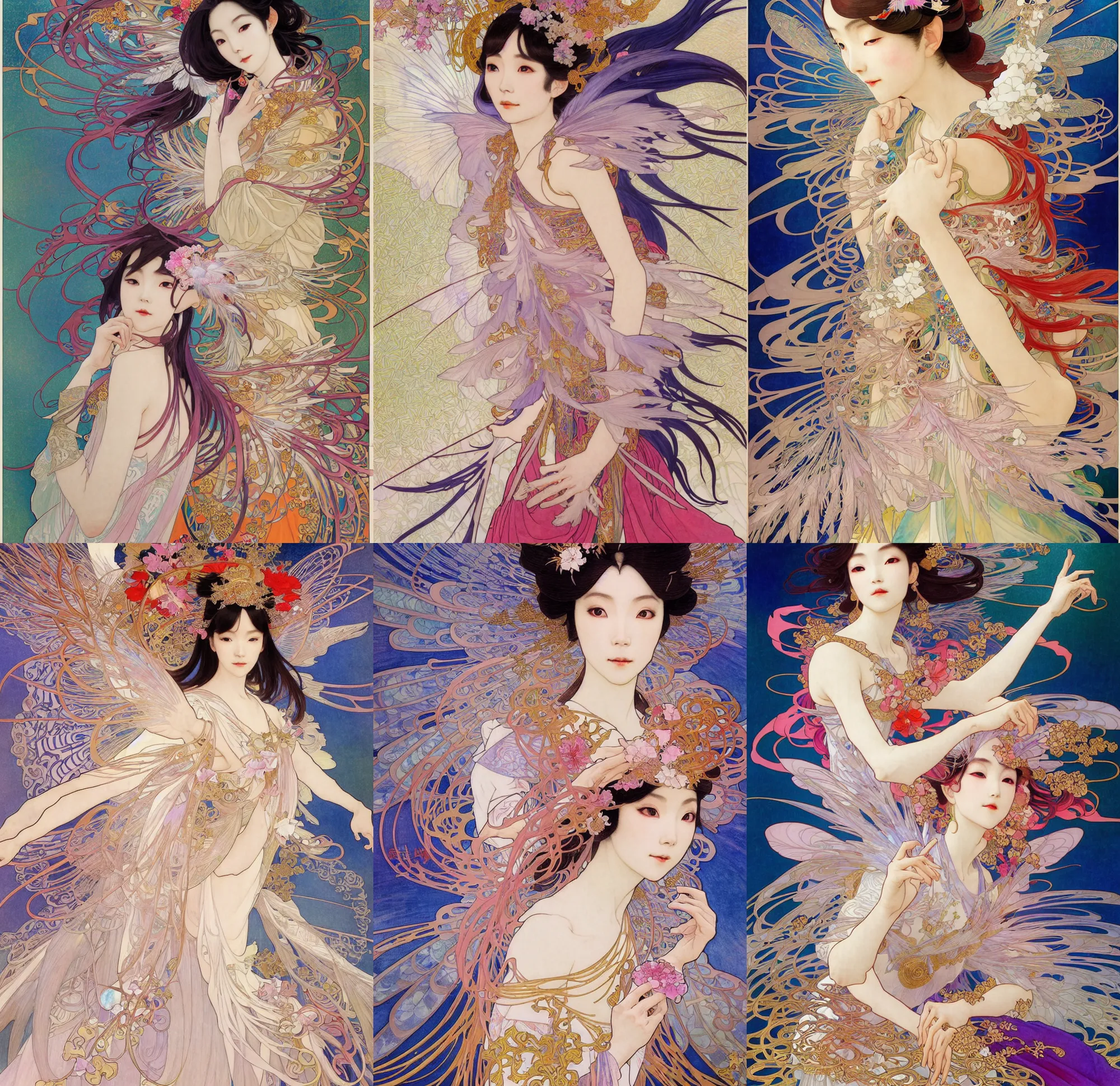 Prompt: deco art by yoshitaka amano, alfons mucha, makoto shinkai and john singer sargent, chinese taoist fairy goddess played by aragaki yui, colorful clothes and feather clothes of the tang dynasty, hyper detailed, character concept, full body, dynamic pose, intricate, lineart, cerpuscular rays, lily flowers. 8 k