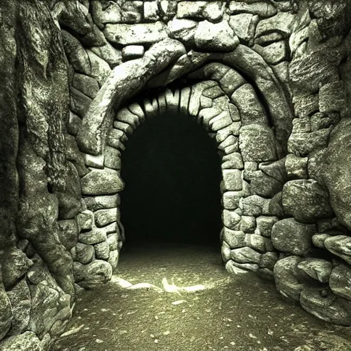 Prompt: the entrance of an old dungeon in the depths of the forest