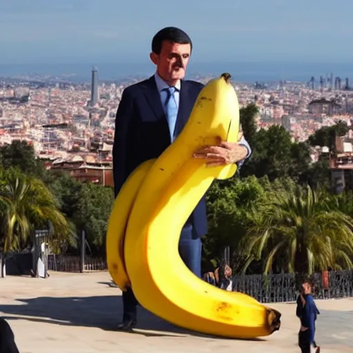 Image similar to Manuel Valls riding a giant banana over barcelona