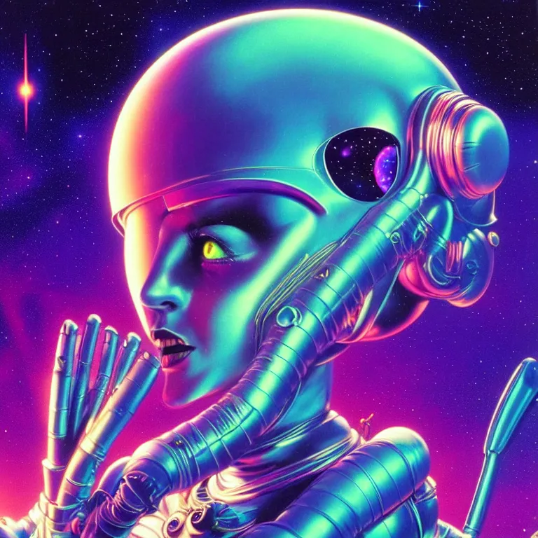 Image similar to cosmic astronaut girl, 2 0 yo, close - up, synthwave, bright neon colors, highly detailed, cinematic, tim white, roger dean, michael whelan, jim burns, bob eggleton, philippe druillet, vladimir kush, kubrick, alfred kelsner, vallejo