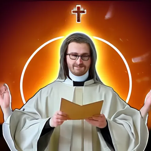 Prompt: new catholic priest vtuber streaming on a computer