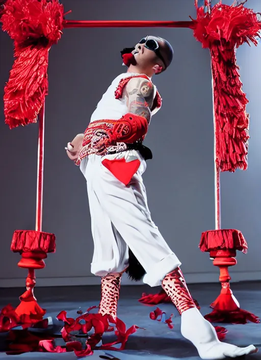 Prompt: Cinematography Bad Bunny dressed as a flamenco dancer by Emmanuel Lubezky