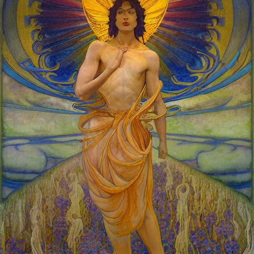 Image similar to the flower prince, by jean delville and donato giancola and nicholas roerich, and diego rivera, and leo and diane dillon, symbolist, tattoos, dramatic lighting, elaborate geometric ornament, art brut, god rays, soft cool colors, smooth, sharp focus, extremely detailed