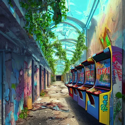 Image similar to beautiful, stunning digital art of an abandoned 1980s arcade with graffiti on the walls and plants growing from the cracks with colorful arcade games. by marc simonetti, featured on artstation