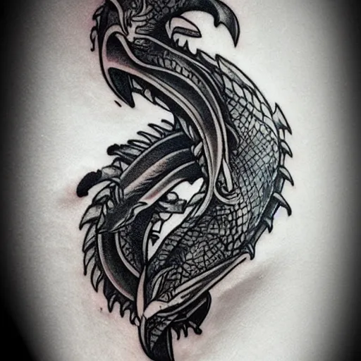 Image similar to tattoo on a man's arm of a hybrid of a dolphin and black dragon, digital art
