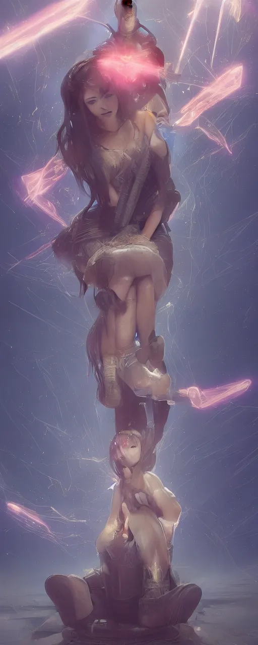 Image similar to Dystopian future princess, sit upon a thrown of electronic scrap, holding an axe of light above her head which shoots thunder and light into the night sky, in the style of artgerm and greg rutkowski and alphonse mucha, concept art, ultra realism, photo realism, cgsociety, octane render, artstationHD, artstationHQ, unreal engine, 4k, 8k