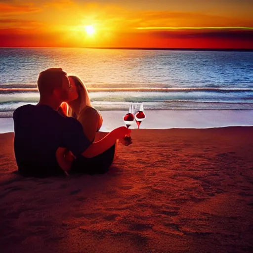 Image similar to one young man and one young woman drinking wine on a beach at sunset, beautiful colors, amazing landscape, digital art