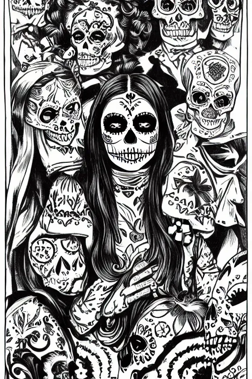 Prompt: Illustration of a sugar skull day of the dead girl, art by Al Feldstein