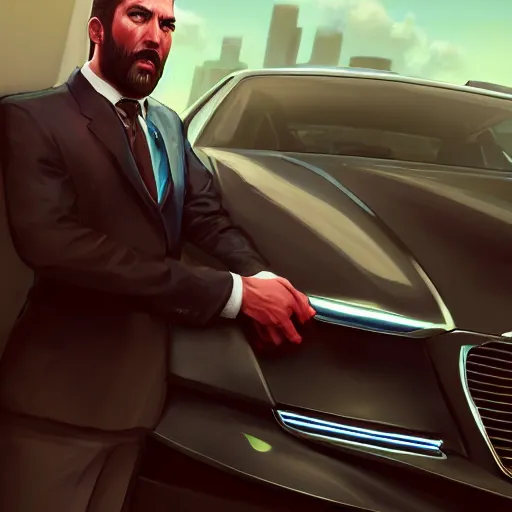 Image similar to the annoying car salesman, perfect eyes, full body shot, portrait, vivid colors, elegant, concept art, sharp focus, digital art, Hyper-realistic, 4K, Unreal Engine, Highly Detailed, HD, Dramatic Lighting by Brom, trending on Artstation