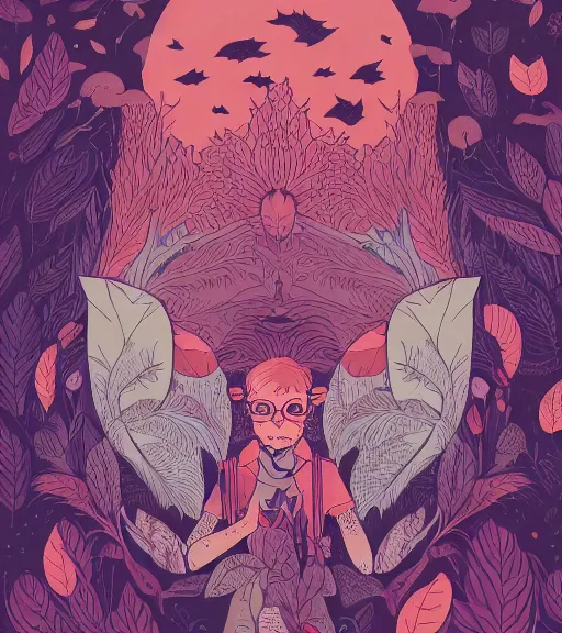 Prompt: portrait, nightmare anomalies, leaves with a fox by miyazaki, violet and pink and white palette, illustration, kenneth blom, mental alchemy, james jean, pablo amaringo, naudline pierre, contemporary art, hyper detailed
