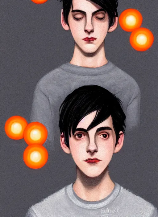 Image similar to portrait of teenage jughead jones wearing a light grey crown, symmetrical crown, sweater with picture of hamburger, eyes closed, crown, black hair, orange, intricate, elegant, glowing lights, warm lighting, highly detailed, digital painting, artstation, concept art, smooth, sharp focus, illustration, art by wlop, mars ravelo and greg rutkowski