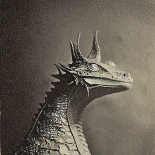 Prompt: victorian photograph of a pet dragon, highly realistic, scaly, grainy photo, very blurry, creature, faded, taken in the 1 8 8 0 s, 1 8 7 0 s, 1 8 9 0 s