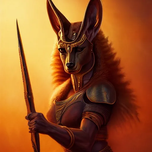 Prompt: Majestic gracious Anubis female warrior portrait, atmospheric lighting, painted, intricate, volumetric lighting, beautiful, rich deep colors masterpiece, golden hour, sharp focus, ultra detailed, by Leesha Hannigan, Ross Tran, Thierry Doizon, Kai Carpenter, Ignacio Fernández Ríos