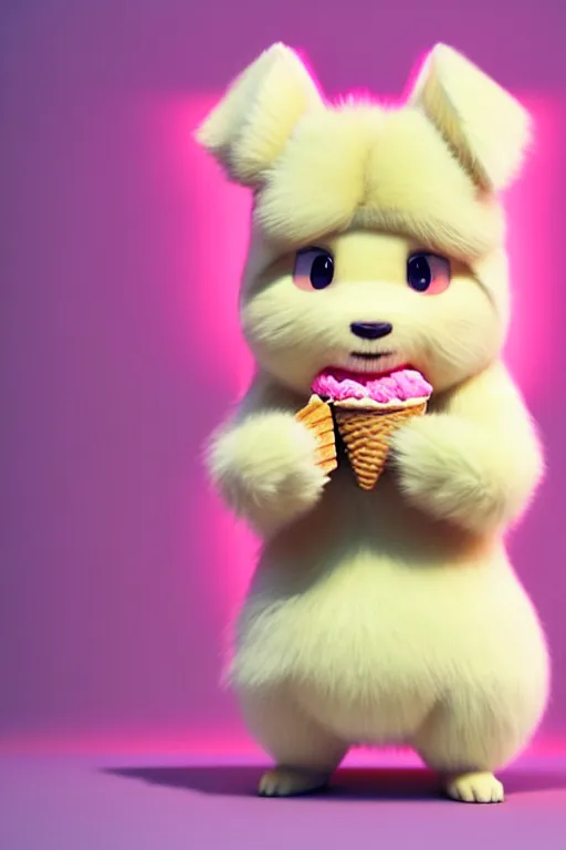 Prompt: high quality 3 d render hyperrealist very cute pastel fluffy! anthropomorphic westie eating giant ice cream full body, vray smooth, in the style of detective pikachu, hannah yata charlie immer, very dramatic pink light, low angle, uhd 8 k, shallow depth or field