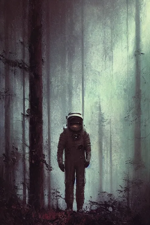 Prompt: detailed cinematic moody colors studio portrait of an astronaut standing in a dense forest, high quality by jeremy mann, only one head single portrait